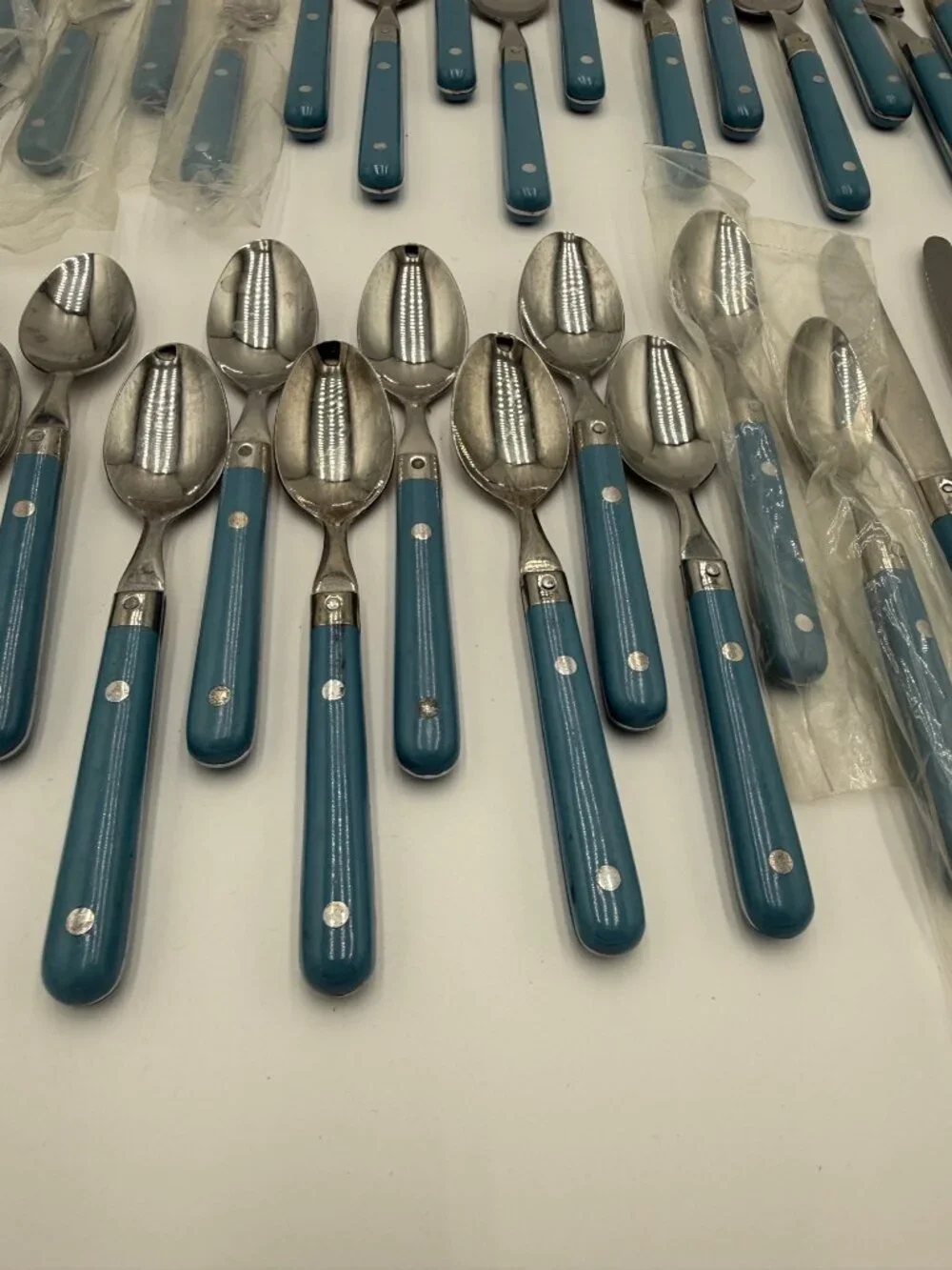 Vintage Stainless Steel Flatware Set Blue Handles 42Pcs Made Korea Cottagecore